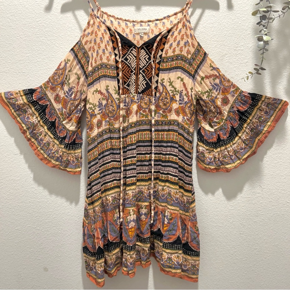 VELZERA Bohemian Print Cold Shoulder Top